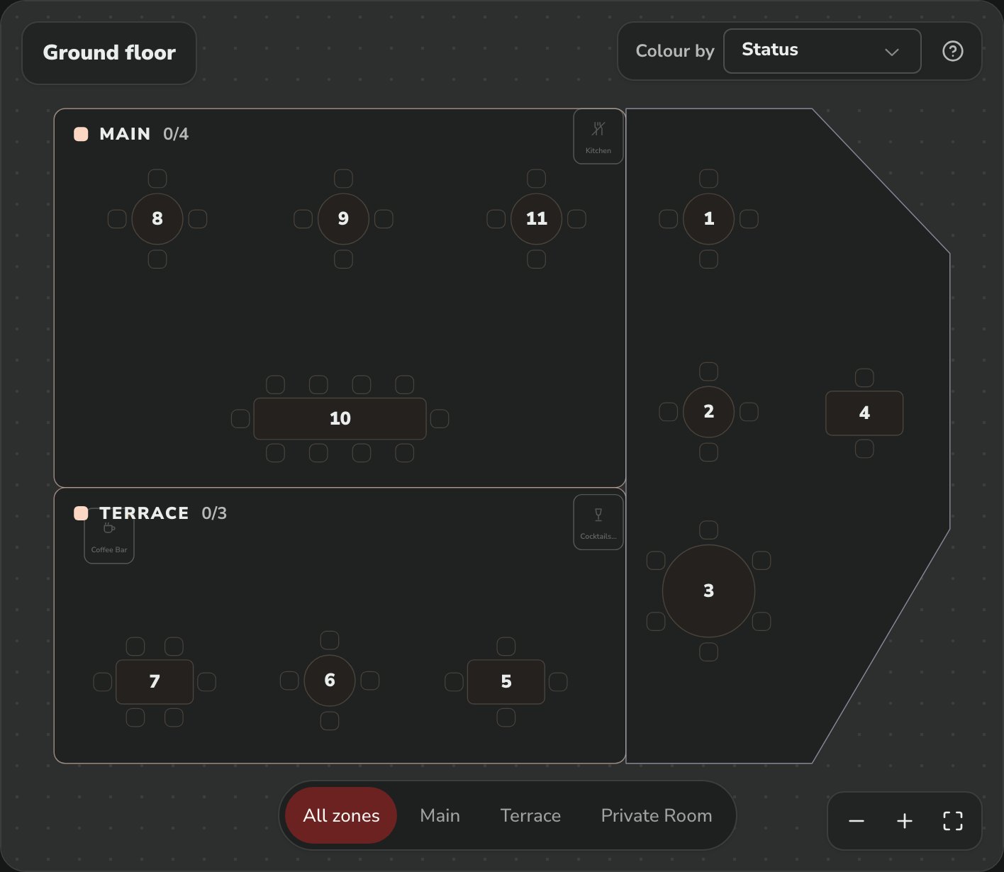 Planul de sală în timp real: săli, terasă și fiecare masă